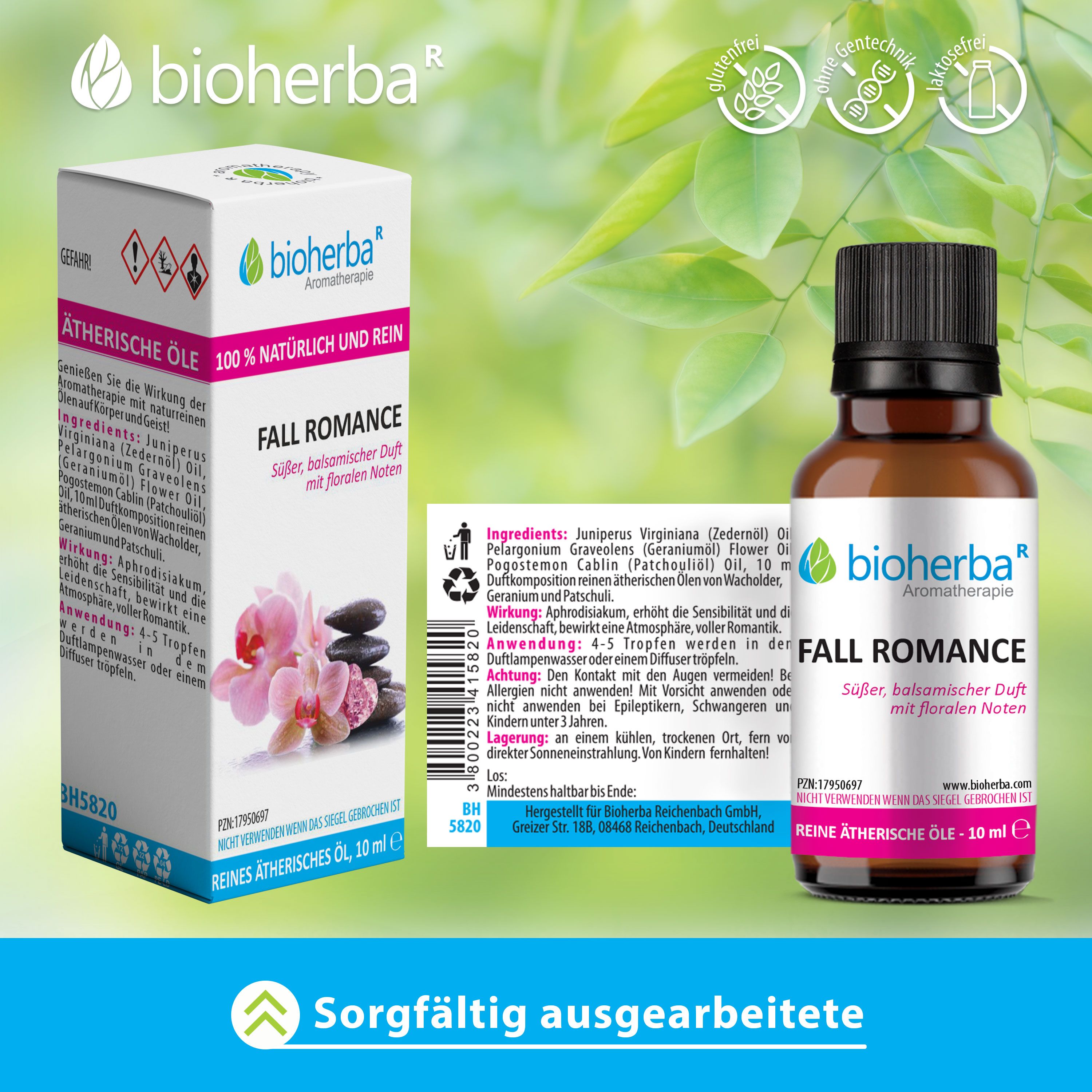 Braune Glasflasche mit schwarzem Deckel und Etikett. Daneben eine Schachtel mit Produktinformationen. Aufschrift: Fall Romance, ätherisches Öl.