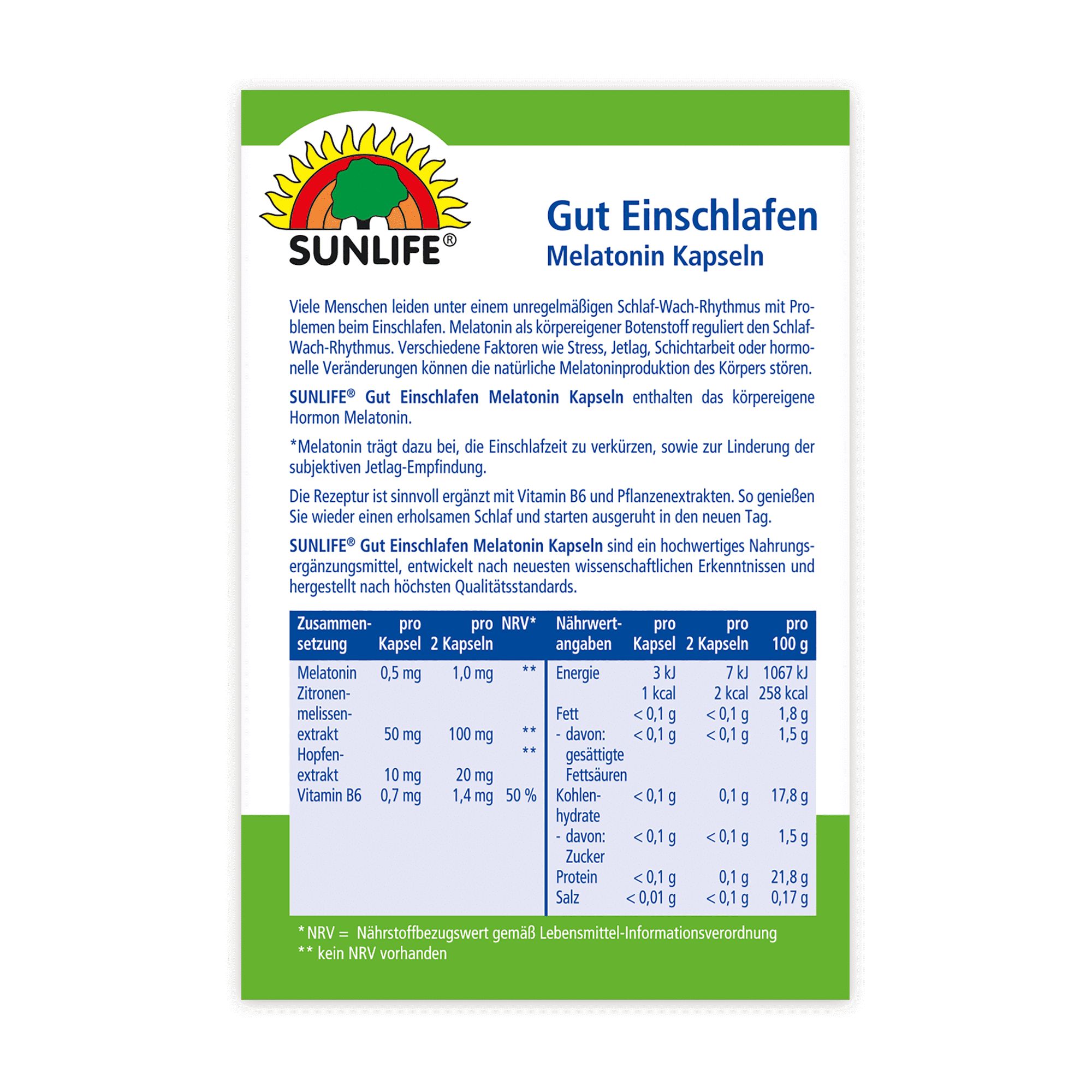 Rückseite der SUNLIFE® Melatonin Kapseln Verpackung. Enthält Nährwertangaben und Informationen zur Anwendung. Marke SUNLIFE®.