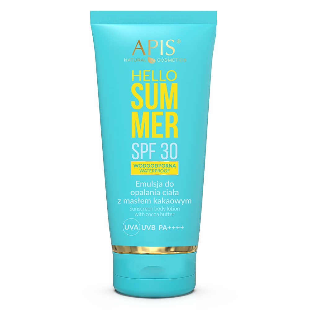 Türkisfarbene Tube. APIS HELLO SUMMER LSF 30. Sonnenschutz-Körperlotion mit Kakaobutter. Gelbe Schrift auf der Vorderseite.