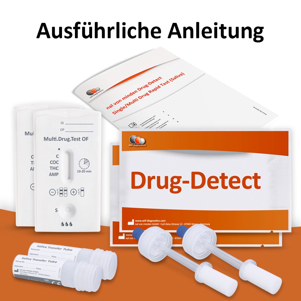 Drogentest-Kits. Enthält Testkassetten, Probenröhrchen und Anweisungen. Marke: self-diagnostics.