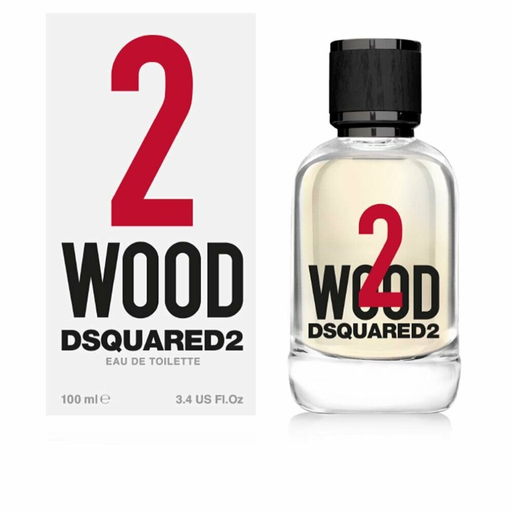 Flakon mit Aufdruck "2 WOOD DSQUARED2". Auf der Verpackung steht "2 WOOD DSQUARED2 Eau de Toilette".