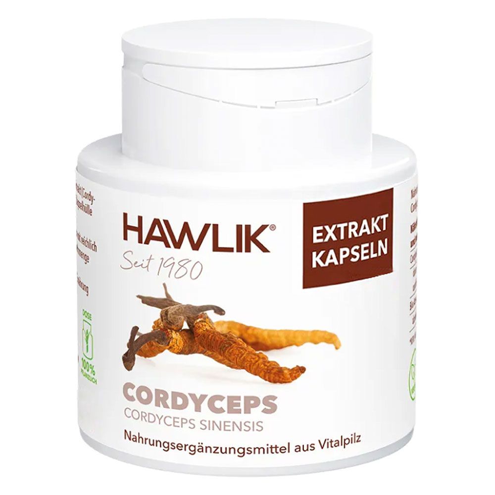 Weiße Dose mit braunem Etikett. Aufschrift: HAWLIK, Cordyceps Extrakt Kapseln. Abbildung von Cordyceps-Pilzen.