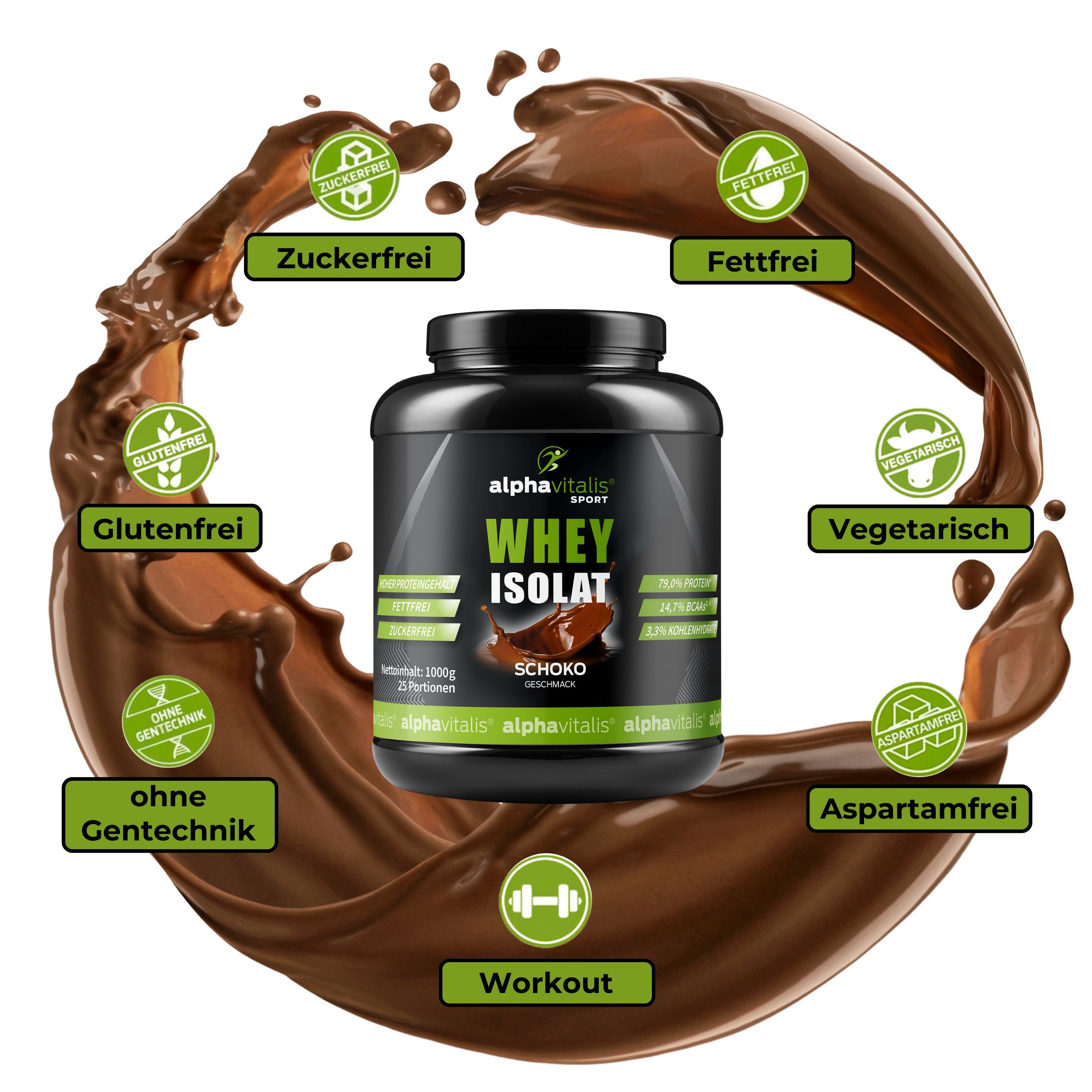 Schwarze Dose Alphavitalis Sport Whey Isolat Schoko. Aufschrift: Whey Isolat, Schoko. Logos: zuckerfrei, fettfrei, glutenfrei, ohne Gentechnik, vegetarisch, aspartamfrei.