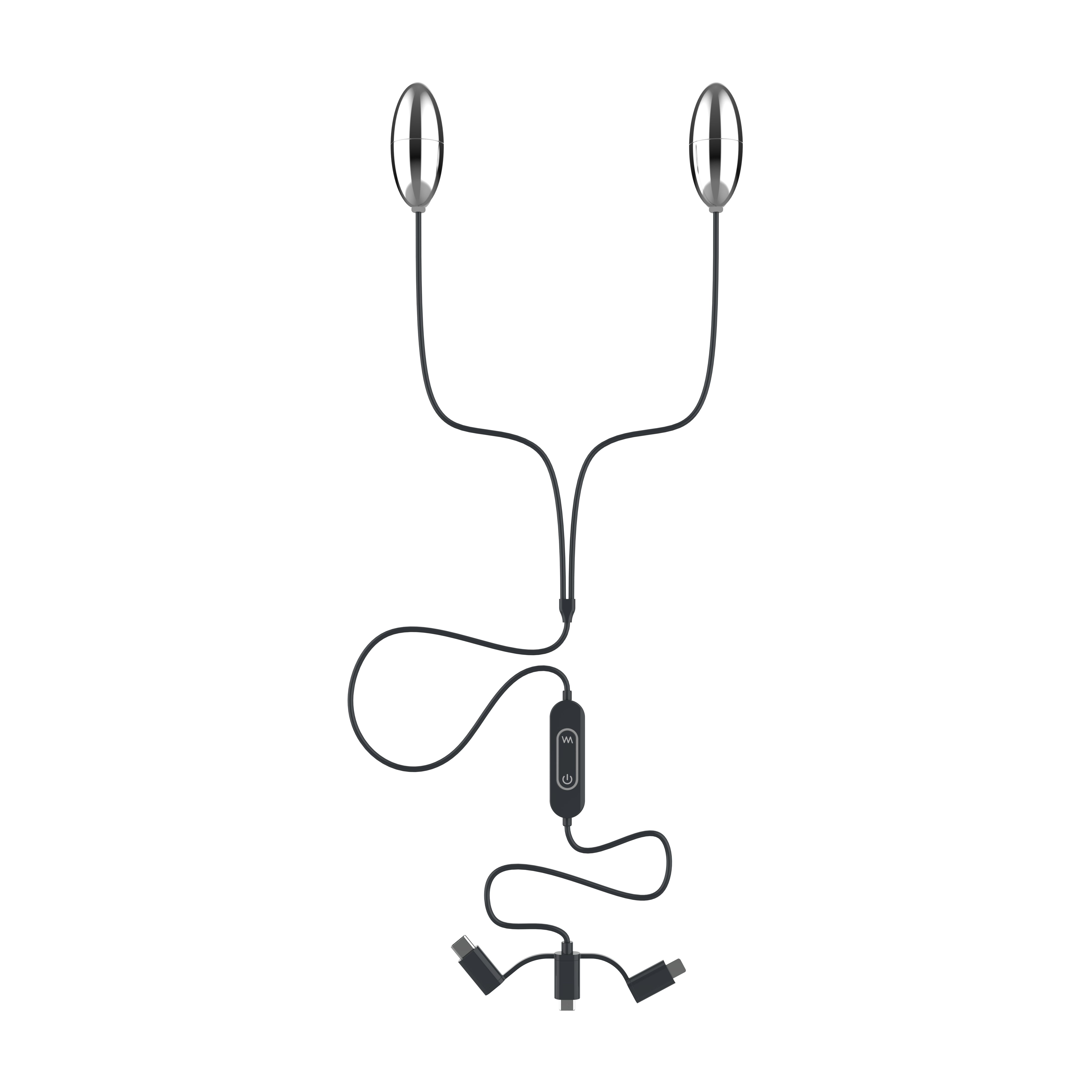 Zwei metallische, ovale Objekte mit Kabeln, verbunden mit einem Steuerungsteil und einem dreifachen USB-Anschluss.