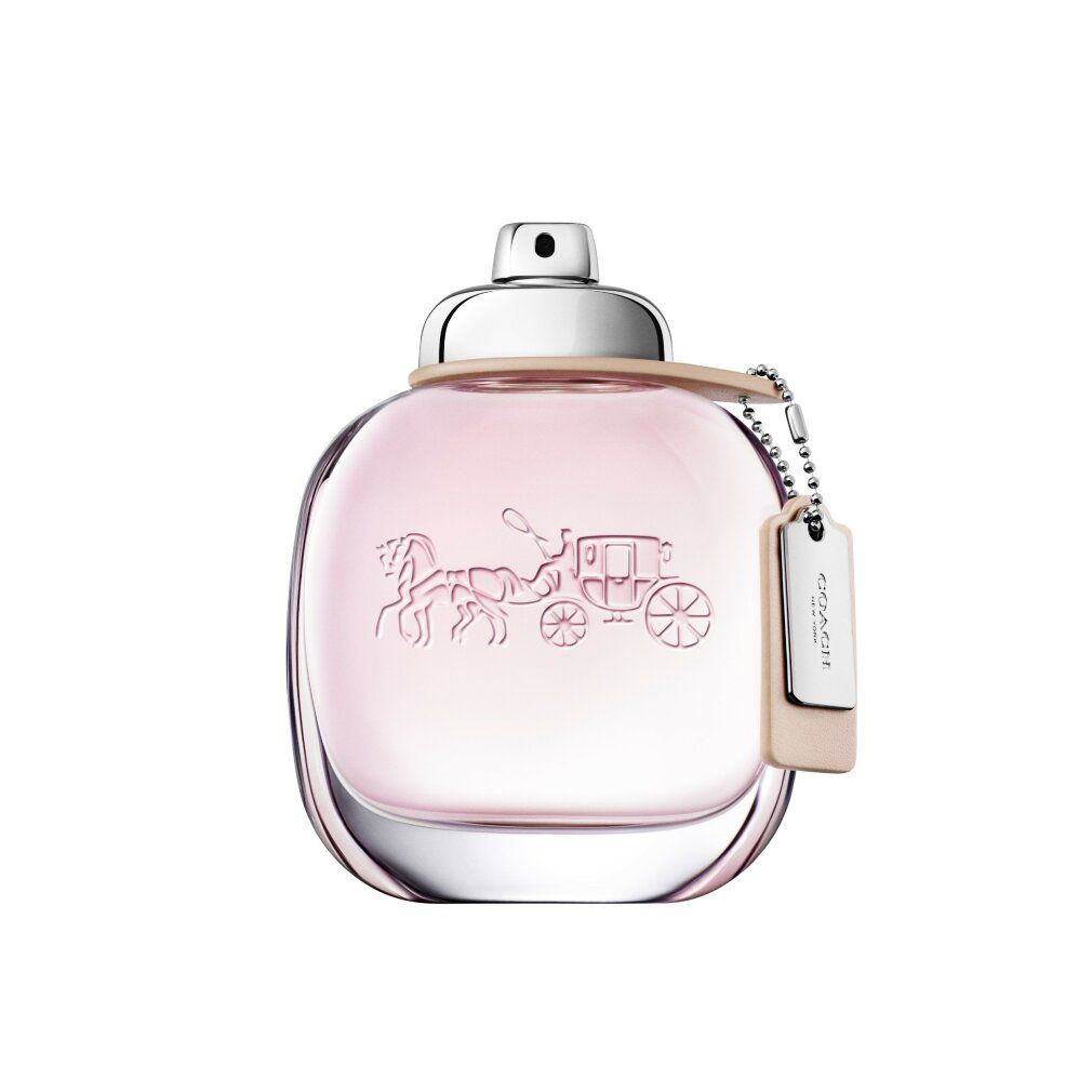 Rosa Eau de Toilette Flakon. Logo und Schriftzug COACH. Anhänger mit Logo. Glasflakon. Hellrosa Flüssigkeit.