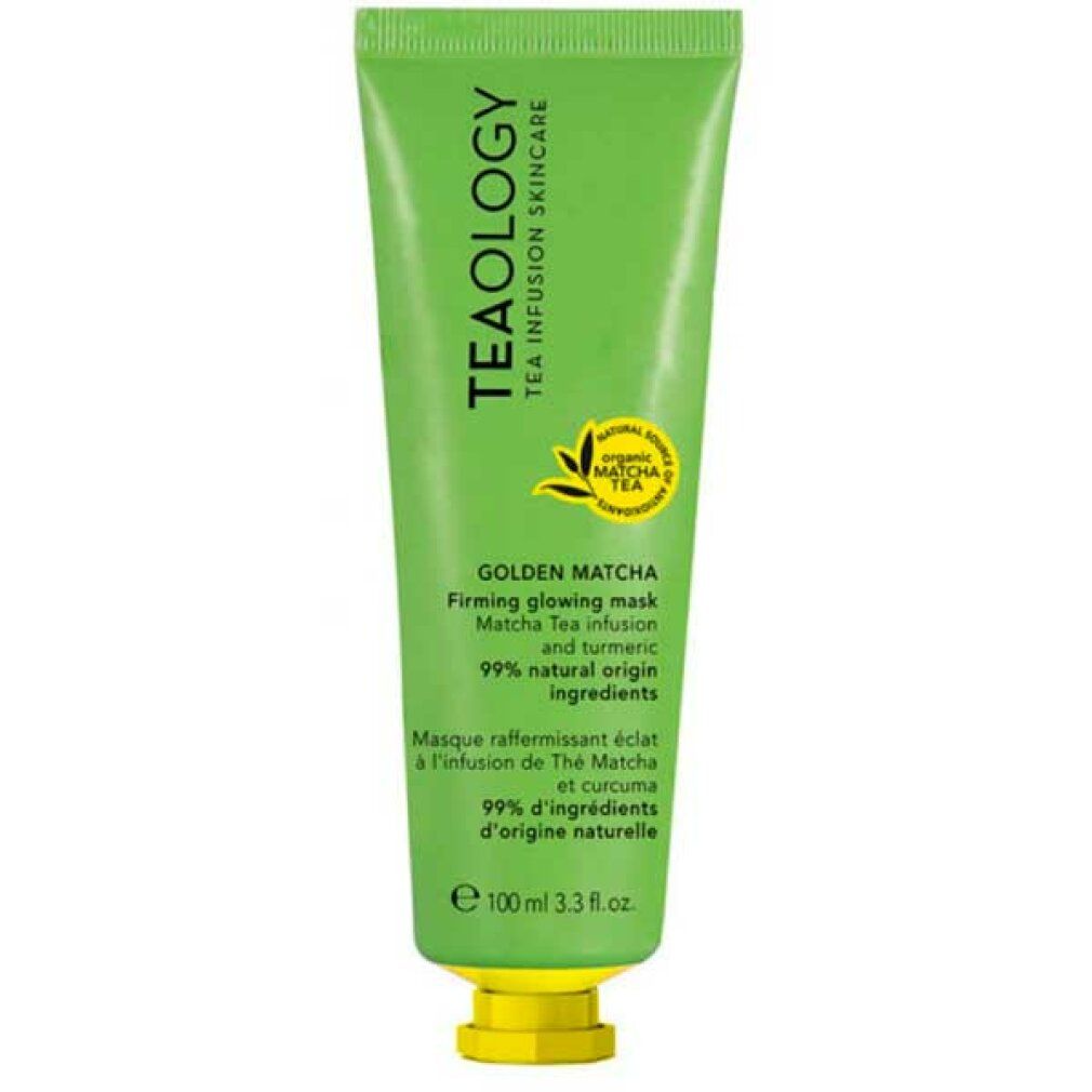 Grüne Tube mit gelbem Verschluss. Aufschrift: TEAOLOGY, GOLDEN MATCHA Firming glowing mask, 99% natural origin ingredients. 100 ml.