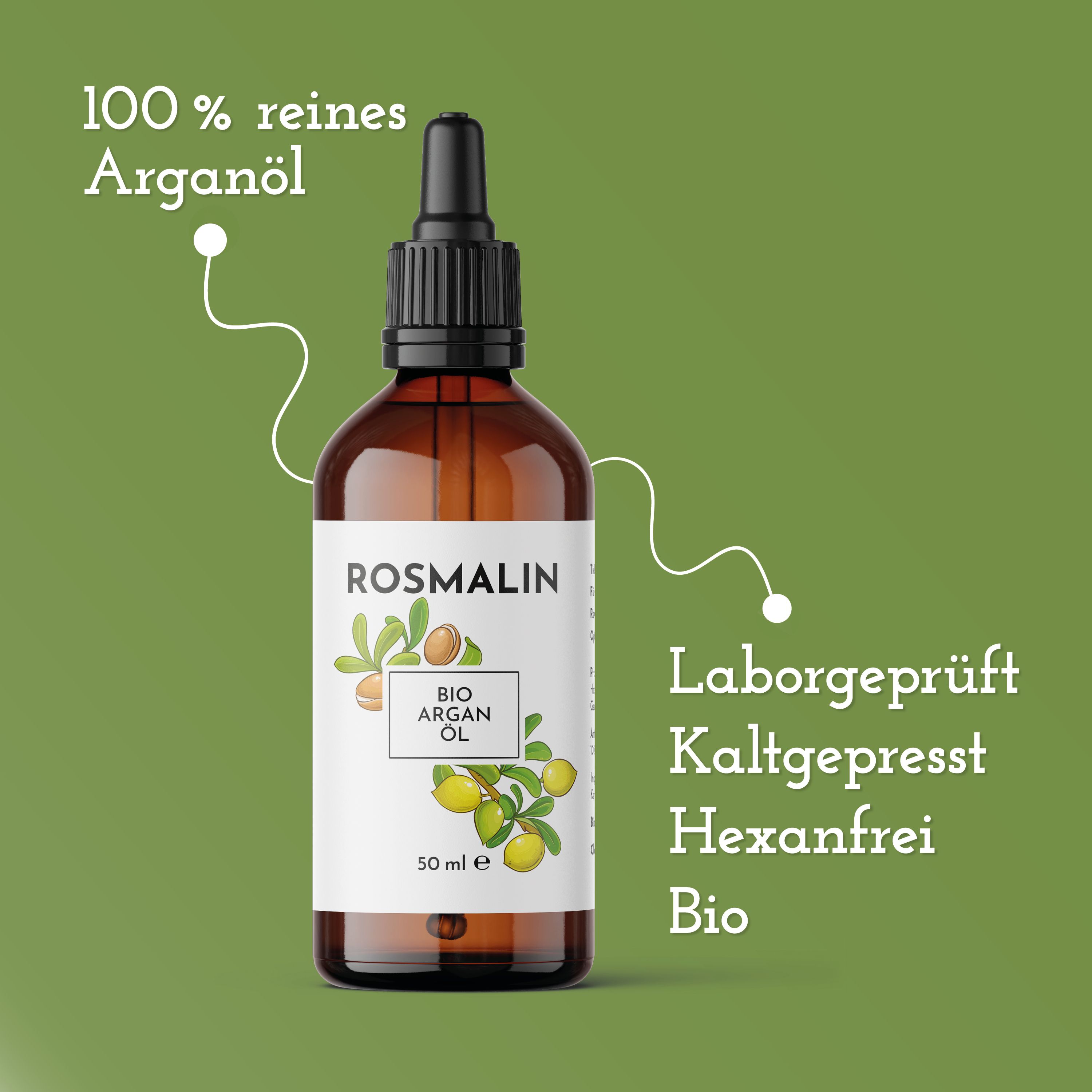 Braune Glasflasche mit schwarzem Tropfer. Etikett: ROSMALIN, BIO ARGAN ÖL, 50 ml e. Text: 100% reines Arganöl. Laborgeprüft, kaltgepresst, hexanfrei.