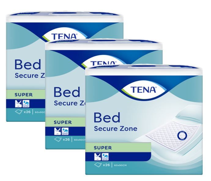 Drei Packungen TENA Bed Super. Verpackung mit blauer und weißer Farbgebung. Aufschrift: Bed Secure Zone, SUPER. Mit Logo und Produktinformationen.