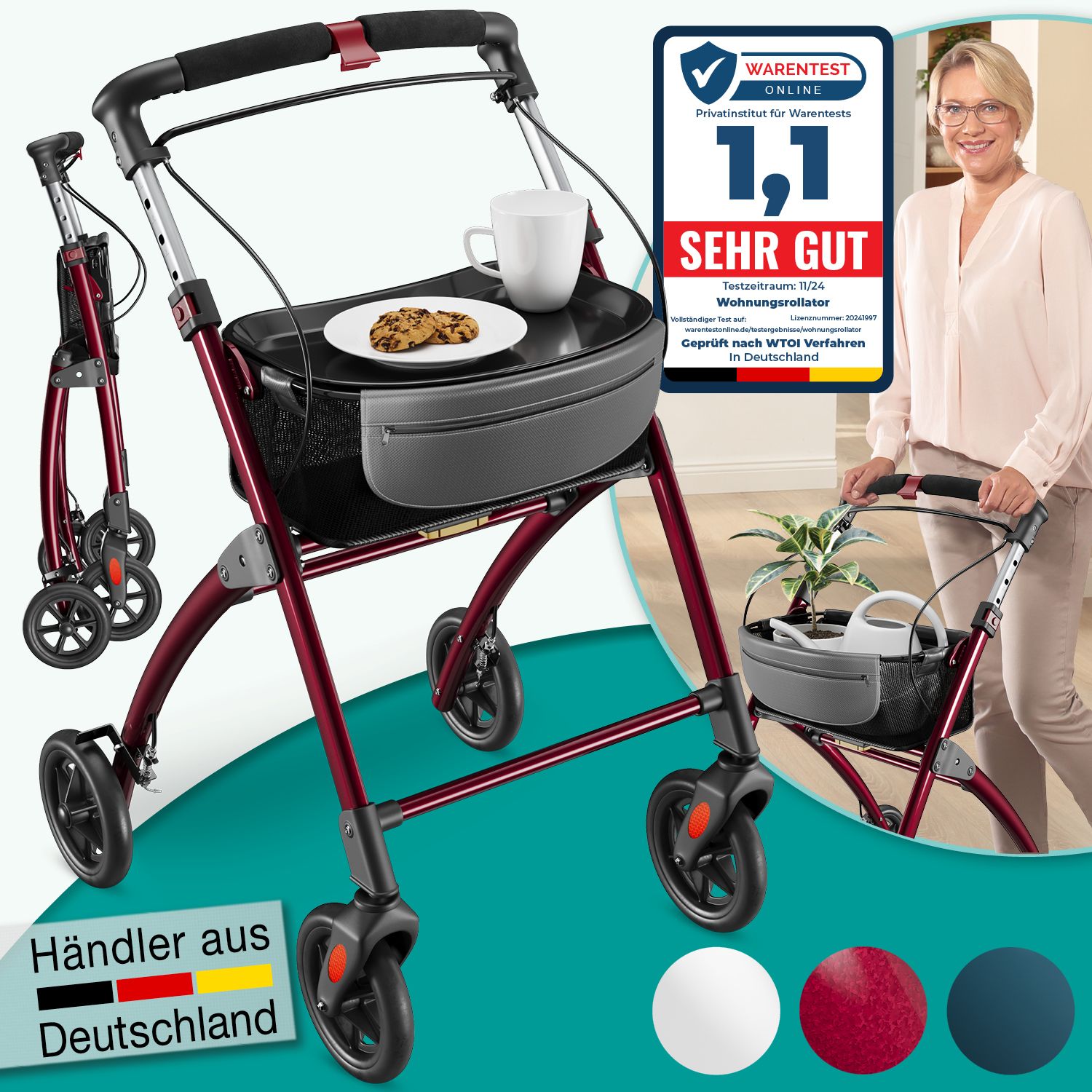 ELONEO Wohnungsrollator mit Feststellbremse, Aluminium-Rahmen & abnehmbares Tablett