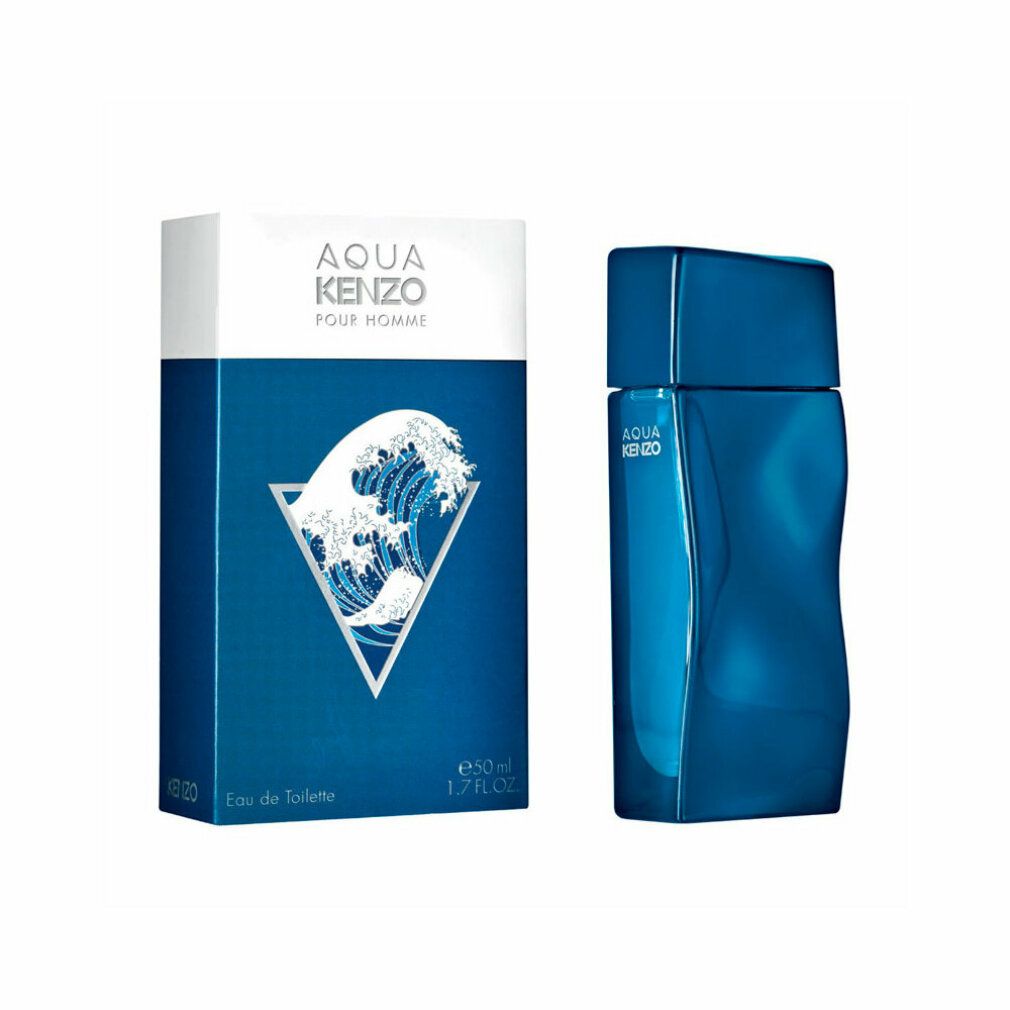 Blaues Parfümflakon und Verpackung. Verpackung mit AQUA KENZO und Wellenmotiv.