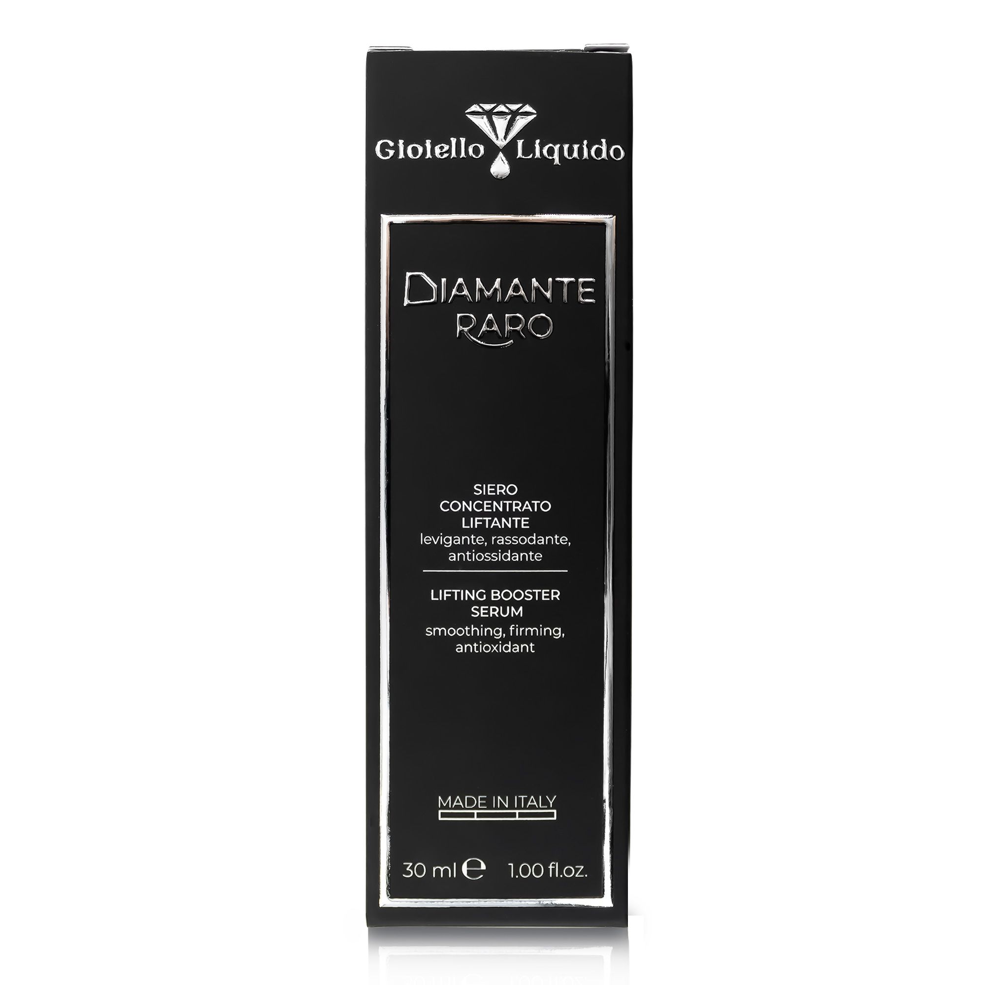 Confezione nera con informazioni sul prodotto. Scritta: Gioiello Liquido, Diamante Raro, Lifting Booster Serum. 30 ml.