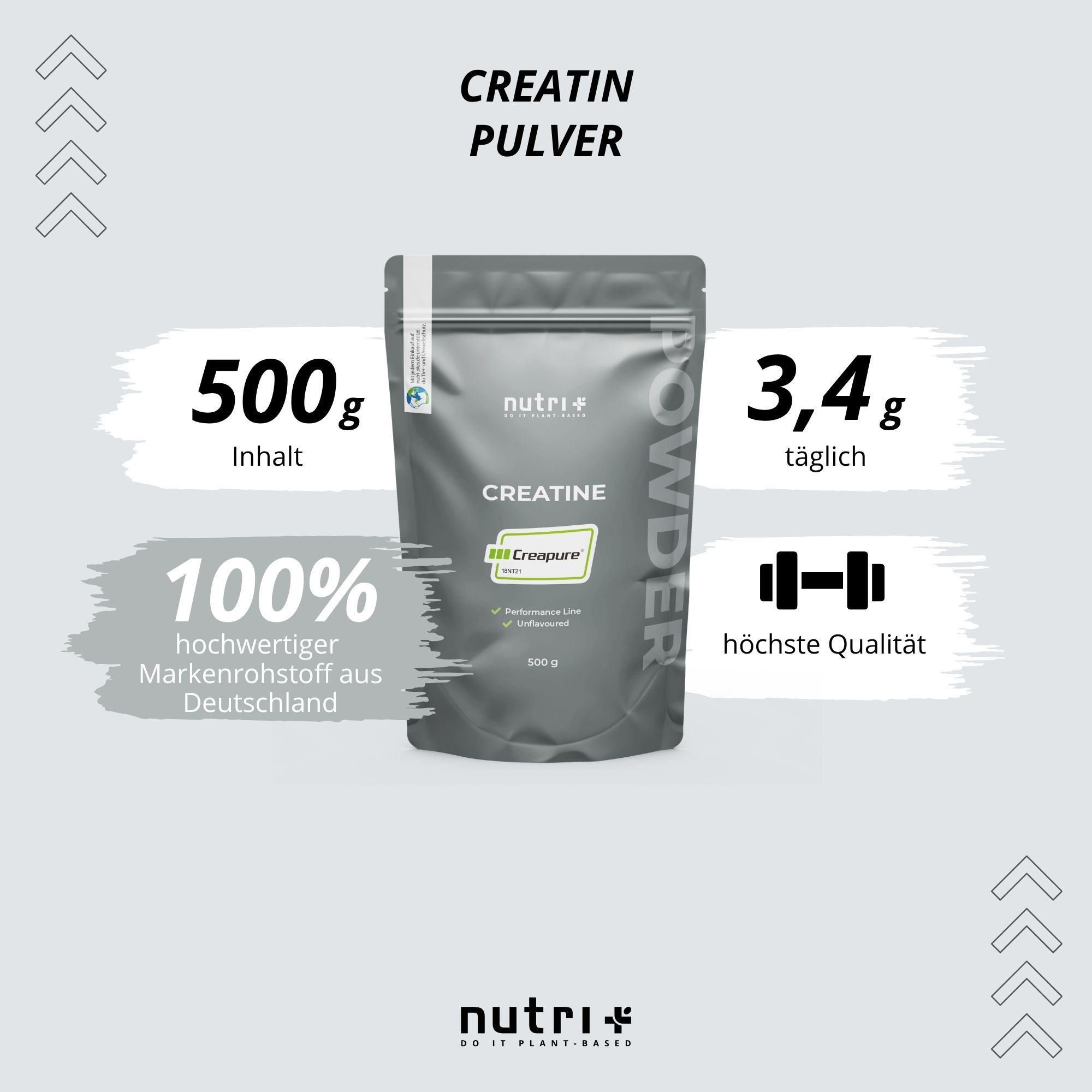 Kreatinpulver mit Symbolen für vegan, glutenfrei, sojafrei, gentechnikfrei, gute Löslichkeit und ohne Farbstoffe/Aromen.