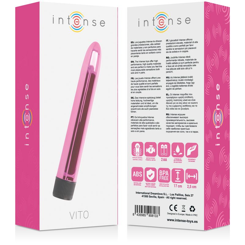 Produktverpackung mit Vibrator-Abbildung. Text: 'intense', 'VITO'. Rückseite mit Text und Symbolen. Maße: 17cm x 2,5cm.