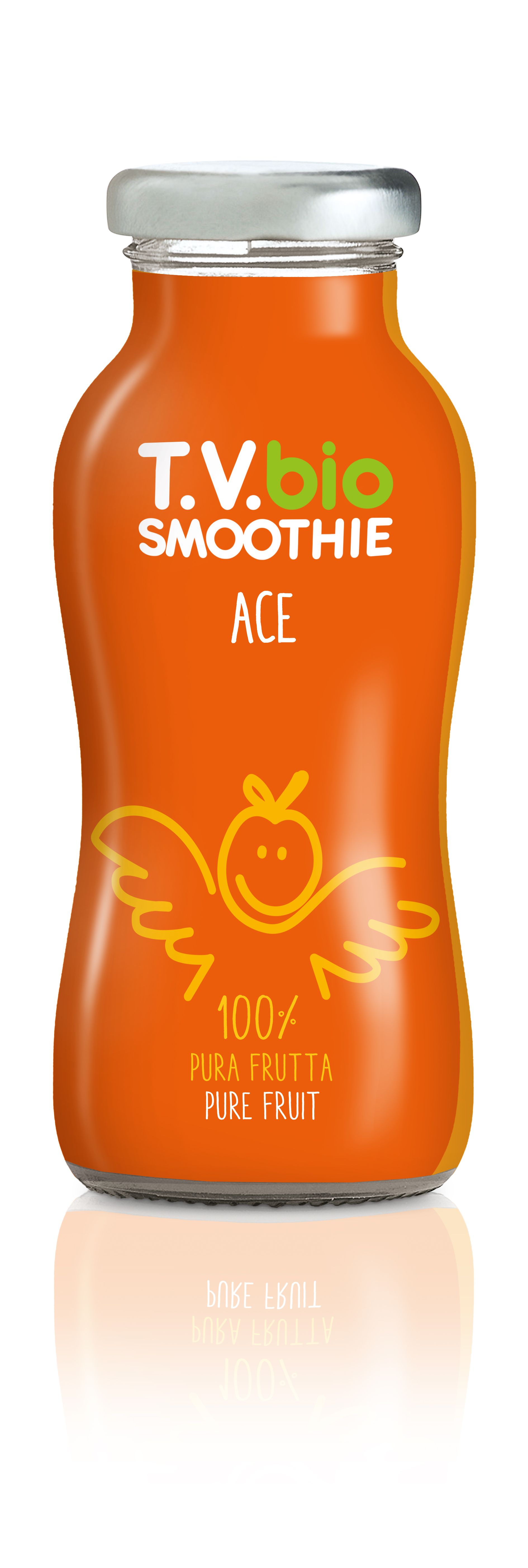 Eine orangefarbene Flasche mit dem Aufdruck "T.V.bio SMOOTHIE ACE". Auf der Flasche befindet sich ein gelbes Logo mit einem lächelnden Gesicht und Flügeln. Unter dem Logo steht "100% Pura Frutta Pure Fruit".