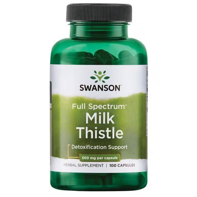 Grüne Flasche mit schwarzen Kapseln. Aufschrift: Swanson, Milk Thistle, Detoxification Support, 100 Kapseln.