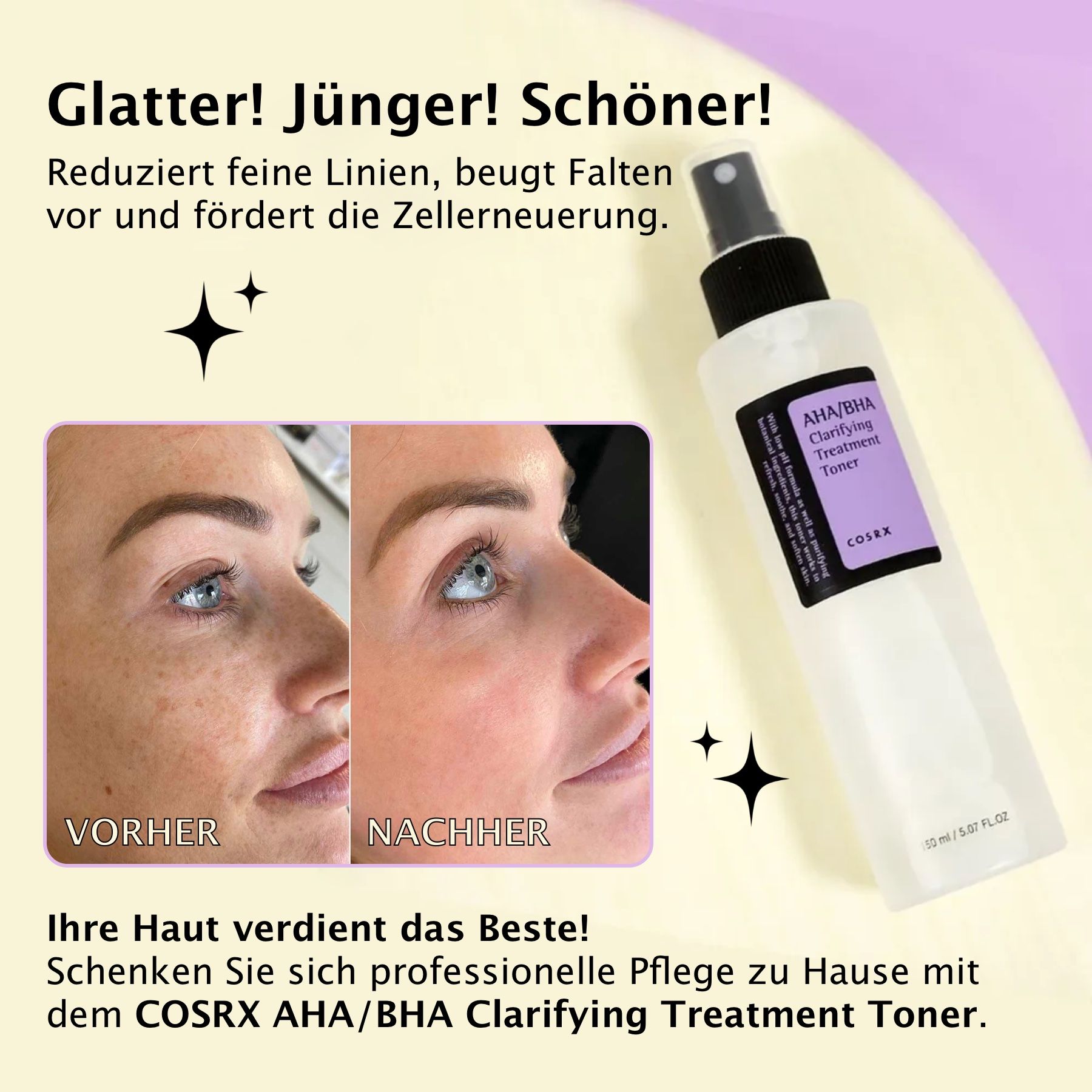 Weiße Flasche mit schwarzem Sprühkopf. Etikett: AHA/BHA Clarifying Treatment Toner. Marke COSRX. Vorher-Nachher-Vergleich.