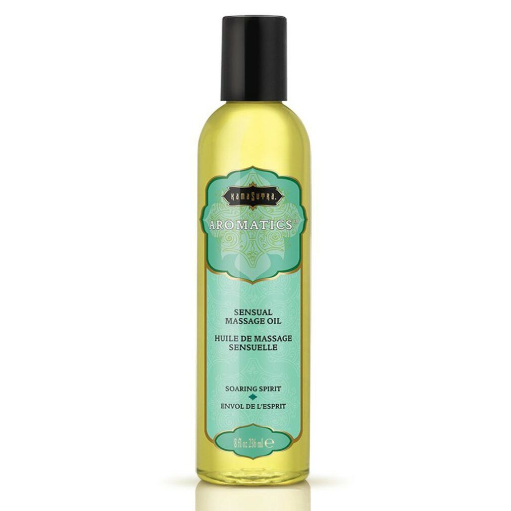 Kama Sutra Massageöl, Sensual Massage Oil. Flasche mit schwarzem Deckel und türkisfarbenem Etikett. Text: Aromatics, Massage Oil.