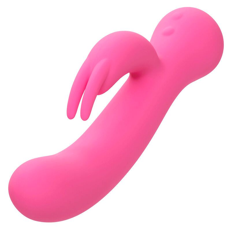 Rosa Dualstimulator. Gebogene Form mit Hasenohren-Aufsatz. Drei Knöpfe am oberen Ende. Aus Silikon.