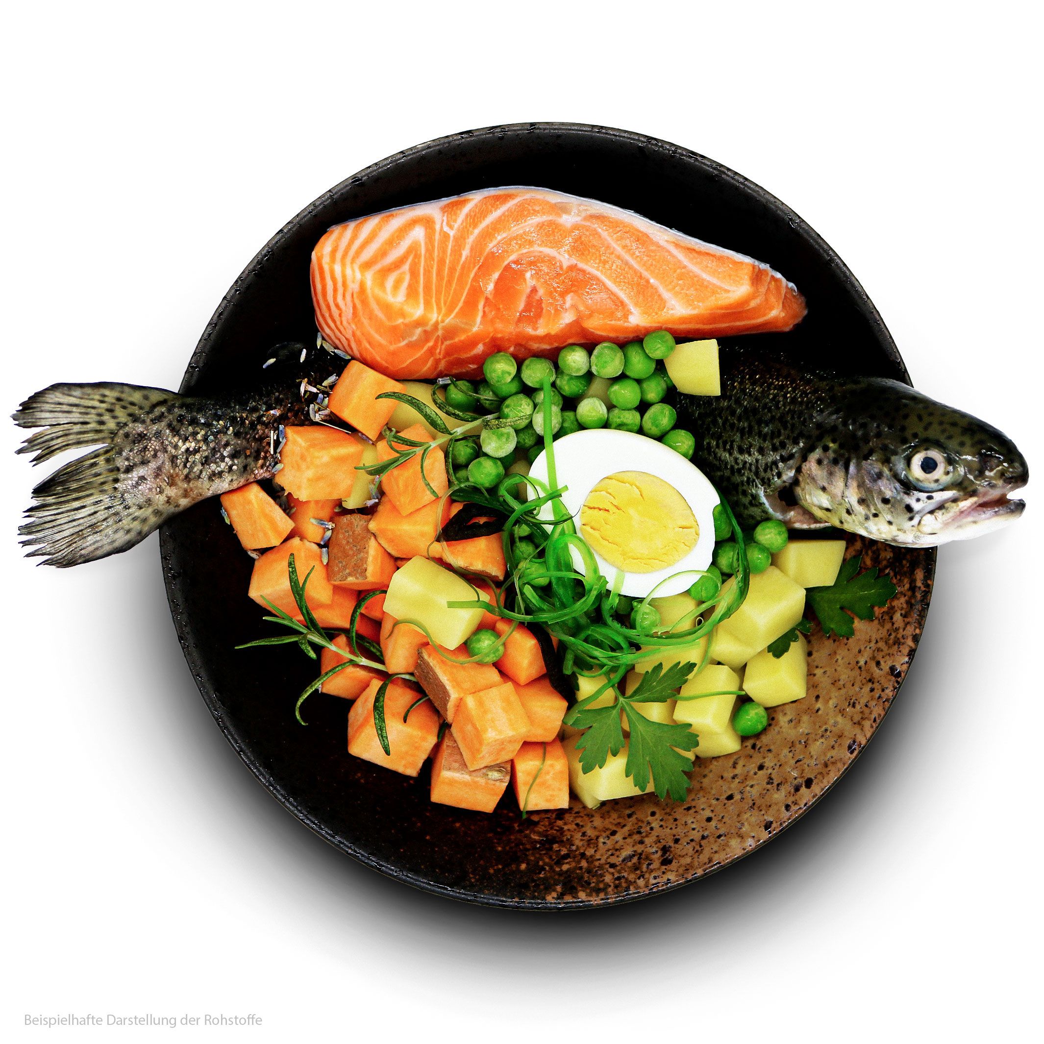 Teller mit Fisch, Gemüse und Ei. Lachsfilet, Fischkopf und -schwanz, Erbsen, Kartoffeln, Süßkartoffeln, Petersilie und Ei.