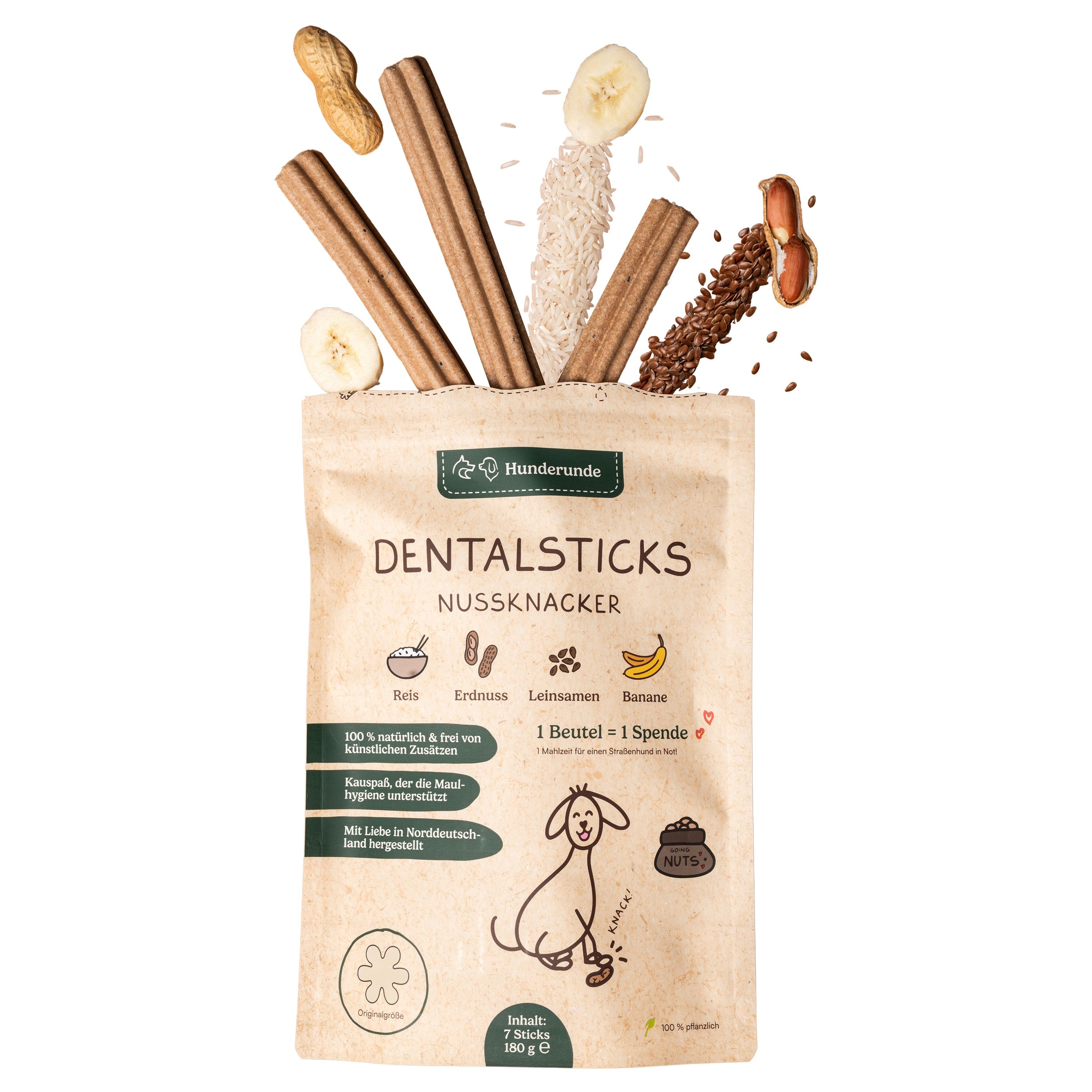 Beutel mit Dental Sticks Nussknacker. Aufschrift: Dentalsticks, Nussknacker. Abbildung von Zutaten: Erdnuss, Leinsamen, Banane.