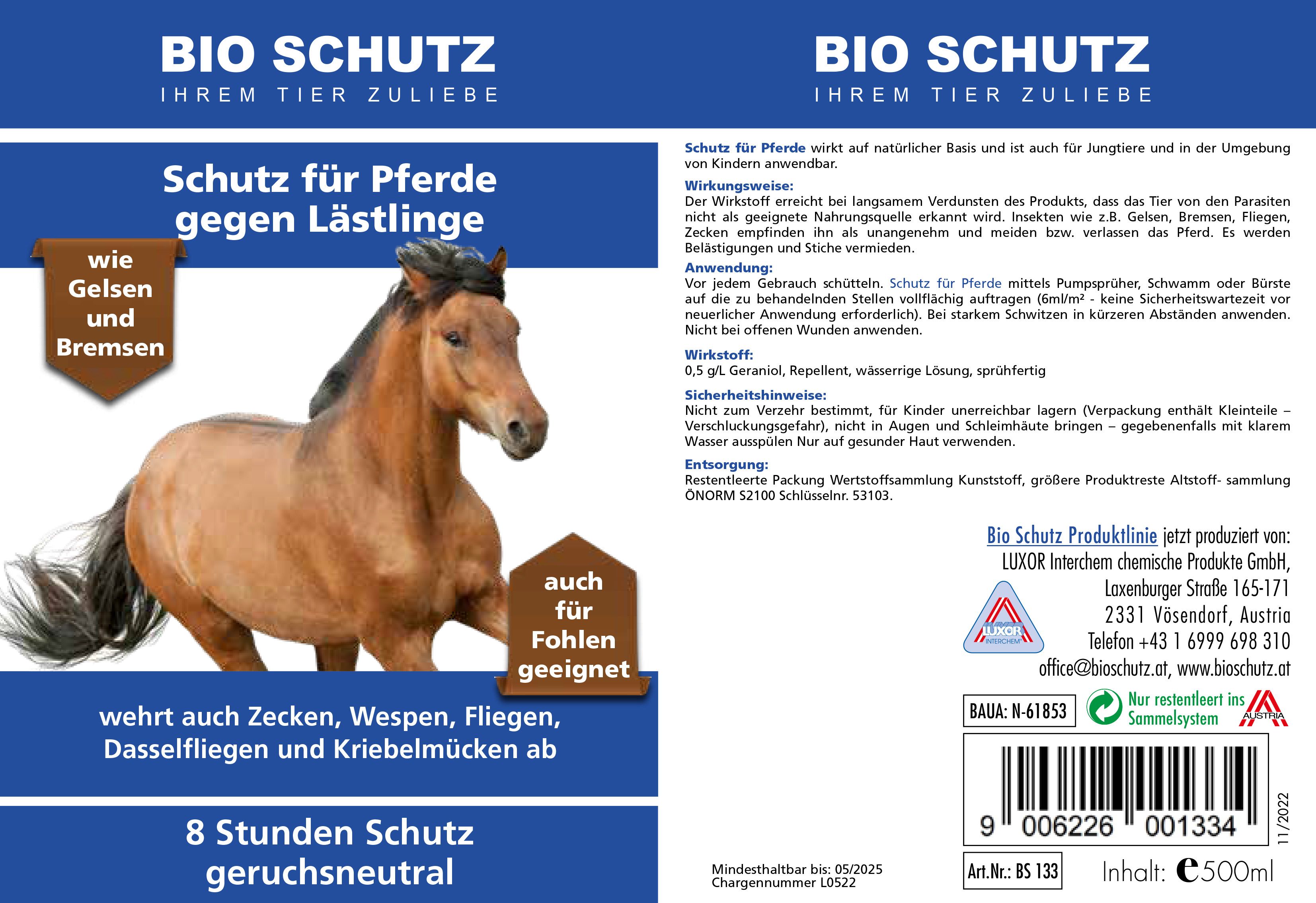 Etikett mit Text: Bio Schutz, Schutz für Pferde. Abbildung eines Pferdes. Text: wehrt Zecken, Wespen, Fliegen ab. 8 Stunden Schutz, geruchsneutral.