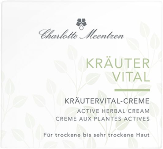 Verpackung von Charlotte Meentzen Kräutervital-Creme. Weißer Hintergrund mit Produktnamen und floralen Elementen. Text: Kräuter Vital, Active Herbal Cream.