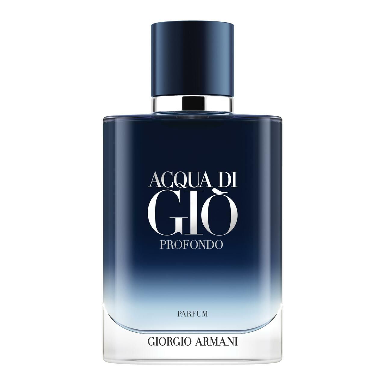 Parfümflakon mit blauem Deckel. Text: „Acqua di Giò Profondo Parfum“ und „Giorgio Armani“.