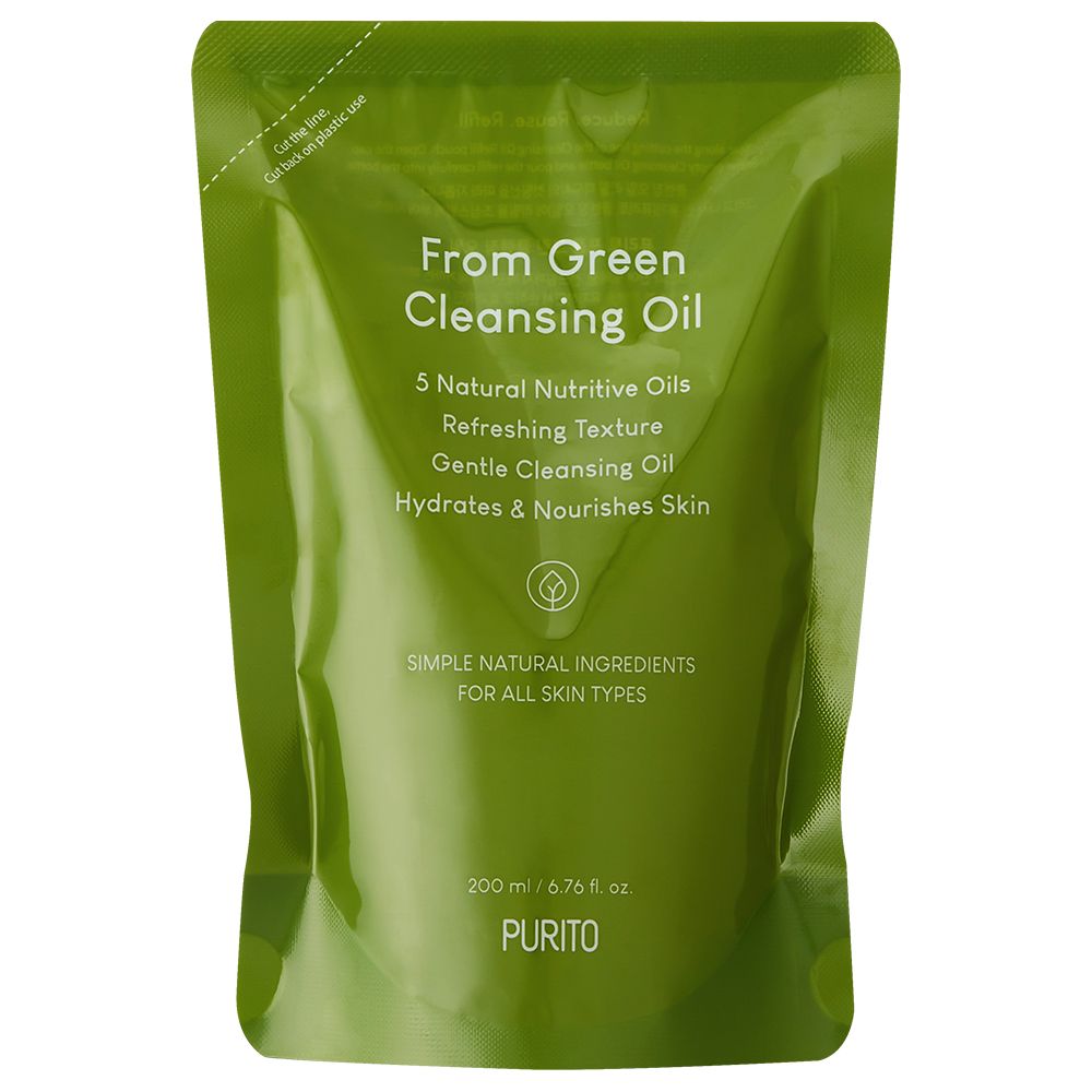 Grüner Beutel mit Aufschrift: From Green Cleansing Oil. Enthält 5 natürliche Öle. Marke: PURITO.