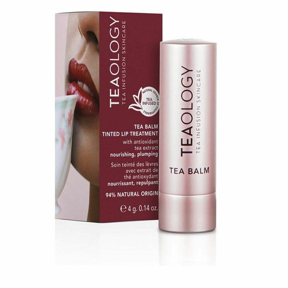 Produktverpackung mit Lippenstift und Schachtel. Auf der Schachtel steht "TEAOLOGY TEA BALM".