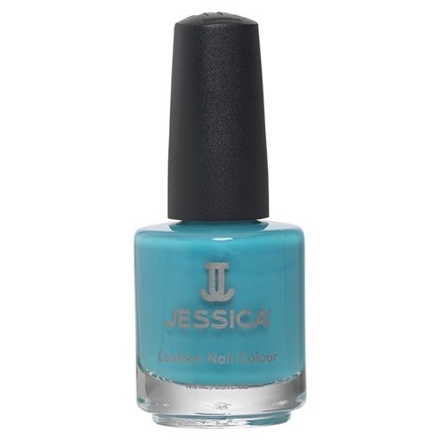 Türkisfarbener Nagellackflakon mit schwarzem Deckel. Aufschrift: JESSICA, Custom Nail Colour.