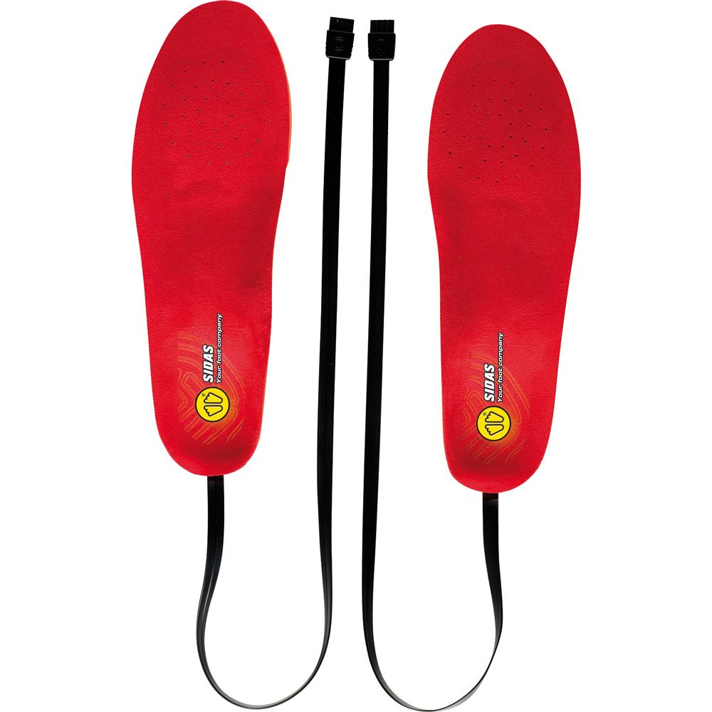 Rote Einlegesohlen mit schwarzem Kabel. SIDAS-Logo und gelbes Symbol. Zwei Einlegesohlen, zwei Kabel.