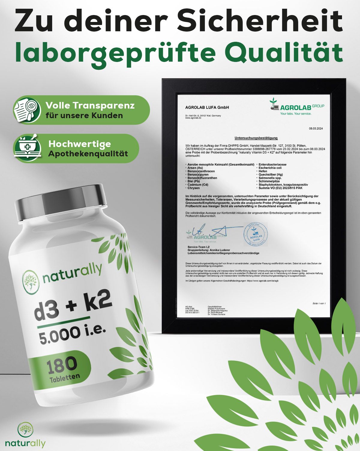 Weiße Flasche "naturally d3 + k2 5.000 i.e." und 180 Tabletten. Zertifikat von Agrolab LUFA A.