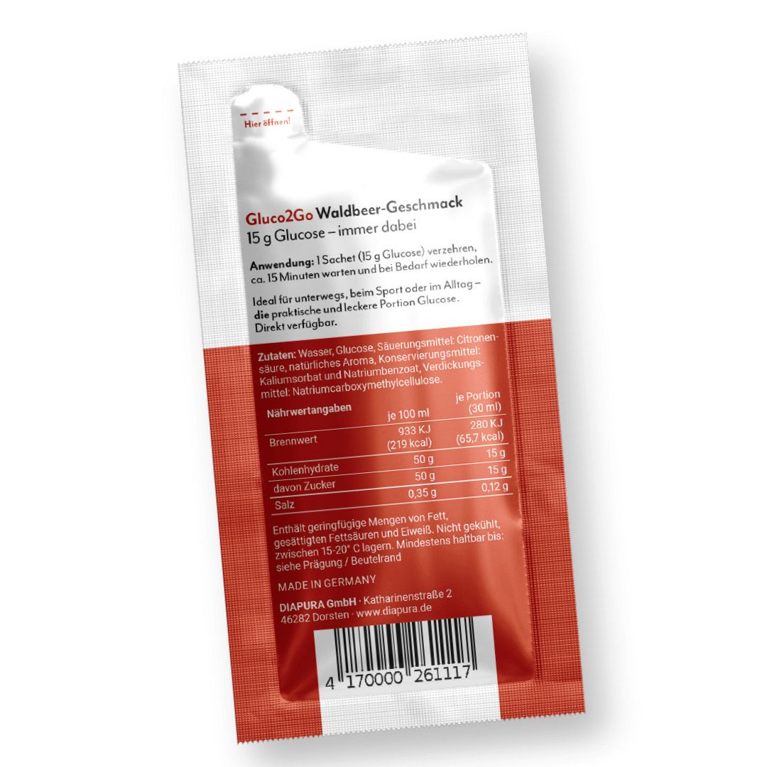 Rückseite der Verpackung von DIAPURA+ Gluco2Go Glucose-Gel. Informationen und Nährwertangaben.