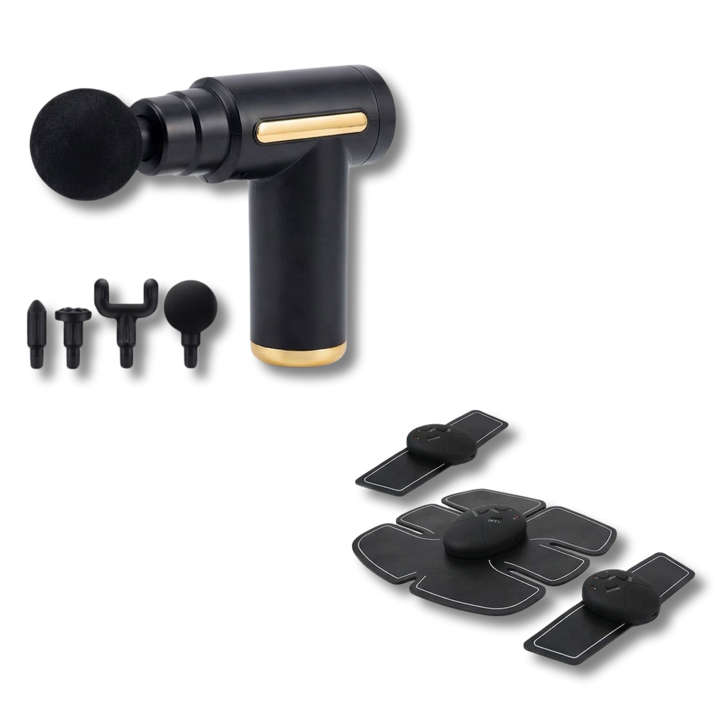Schwarze Massagepistole mit goldenen Akzenten und Aufsätzen. EMS-Gerät mit Pads für Bauch und Arme.