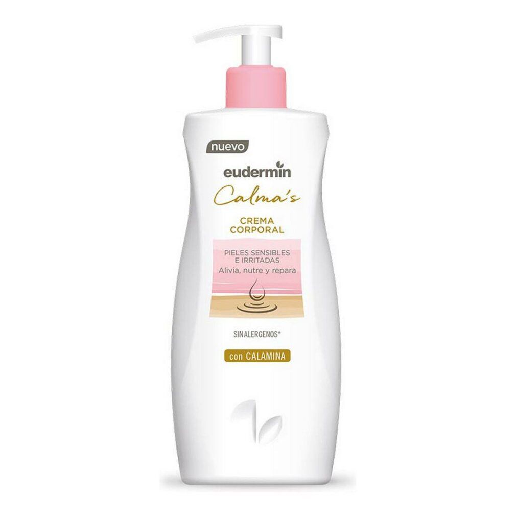 Weißer Behälter mit rosa Pumpe. Aufschrift "Eudermin Calma's Crema Corporal". Text: "Pieles sensibles e irritadas".