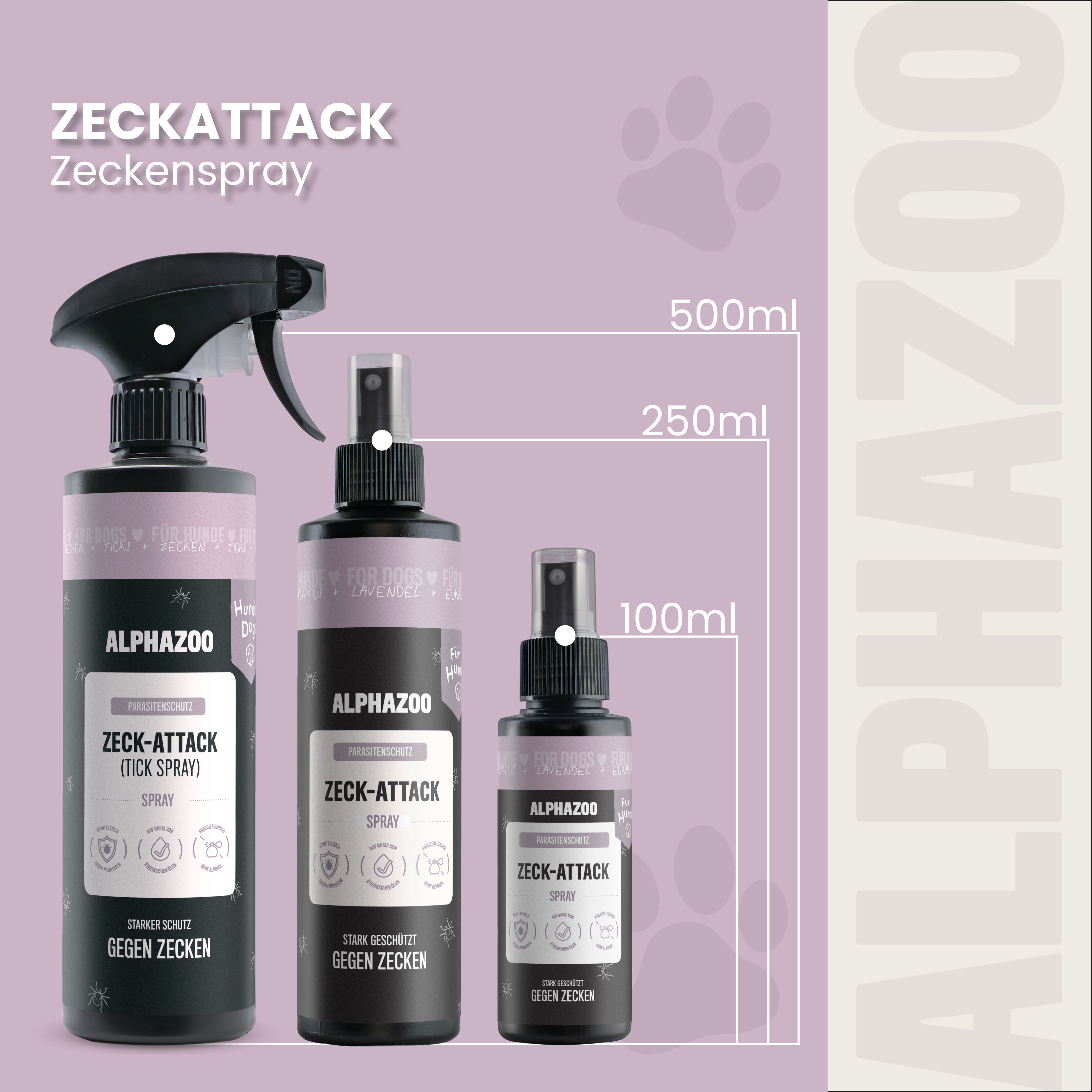 Drei Sprühflaschen: 500ml, 250ml, 100ml. Aufschrift: ALPHAZOO Zeck-Attack Spray.