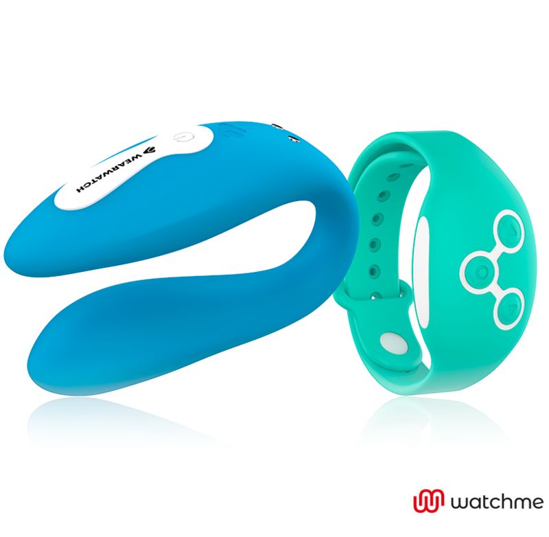 Blauer Wearwatch-Vibrator und grünes Armband. Das Armband hat drei weiße Knöpfe. Das Logo von watchme ist unten rechts.