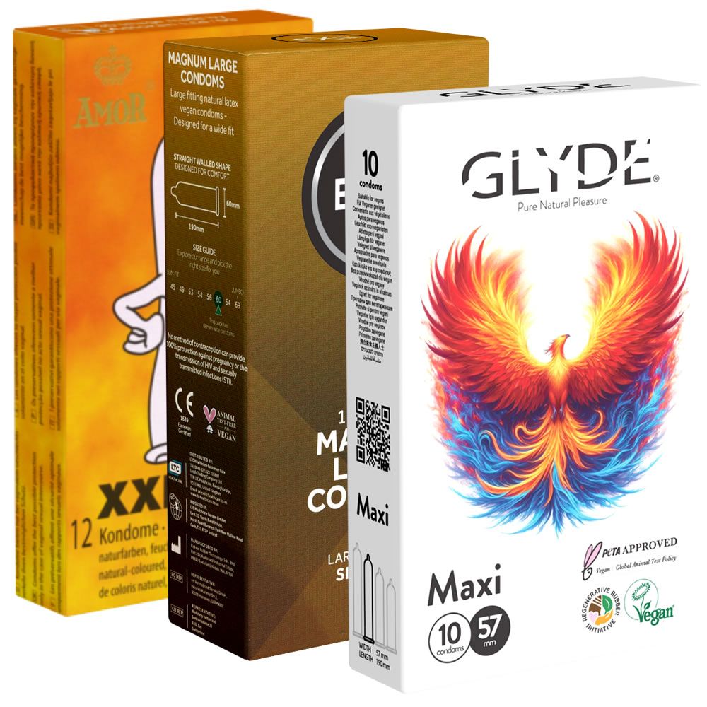 Drei Kondom-Verpackungen. Links: gelb, 12 Kondome. Mitte: braun, Magnum Large. Rechts: weiß, Glyde, 10 Kondome, Maxi.