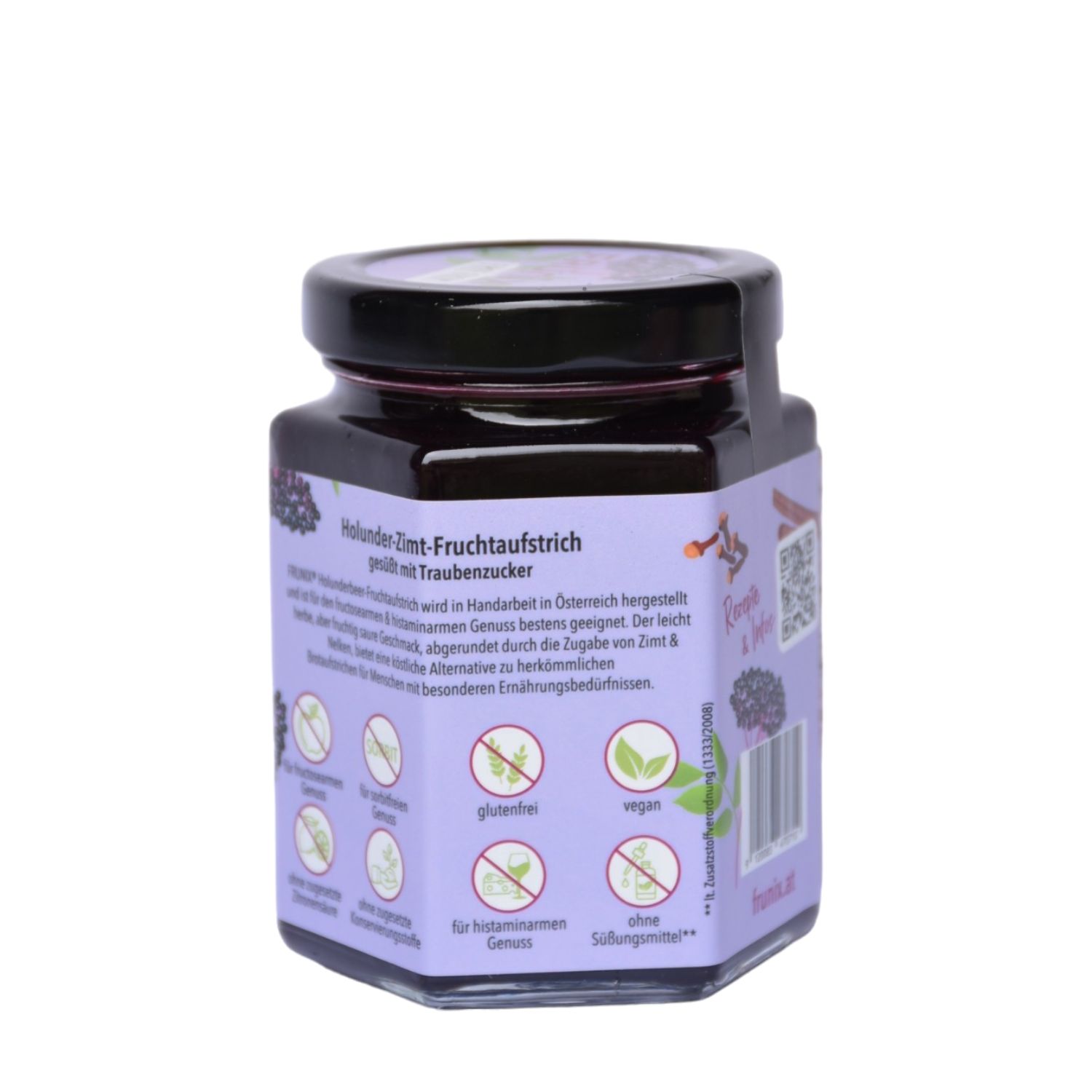 Glas Frunix Fruchtaufstrich Holunder-Zimt, Rückseite. Lila Etikett mit Produktinformationen, Logos und QR-Code. Schwarzer Deckel.