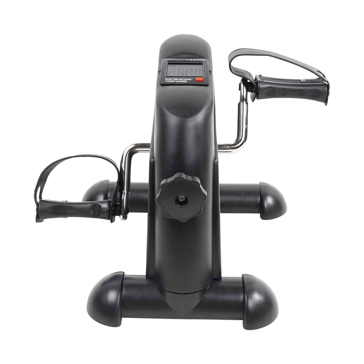 Schwarzer Mini-Heimtrainer mit Pedalantrieb. Mit Display und Drehknopf. Pedale und Haltegriffe sichtbar.