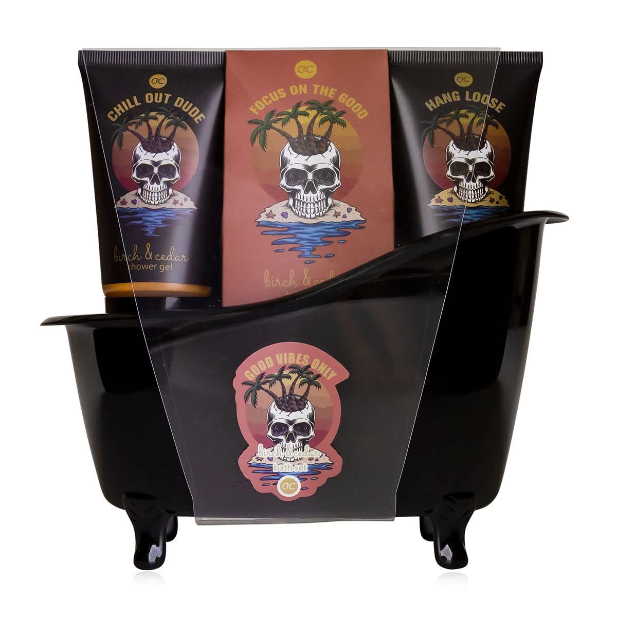 Set in schwarzer Badewanne. Enthält Duschgel, Badesalz und Bodylotion. Aufdruck: Totenkopf mit Palmen. Aufschrift: GOOD VIBES ONLY.