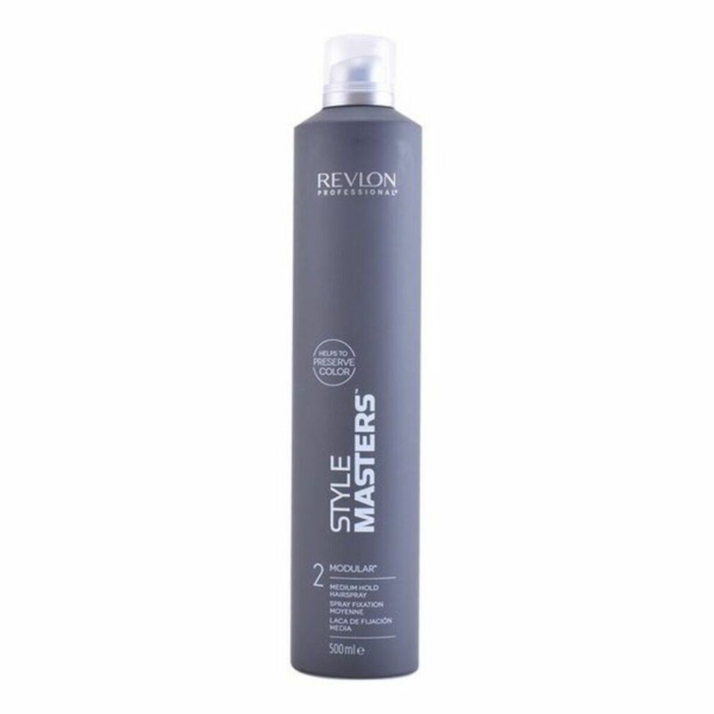 Graue Sprühflasche. Aufschrift: Revlon Professional, Style Masters, Modular, Medium Hold. Mit transparentem Sprühkopf.