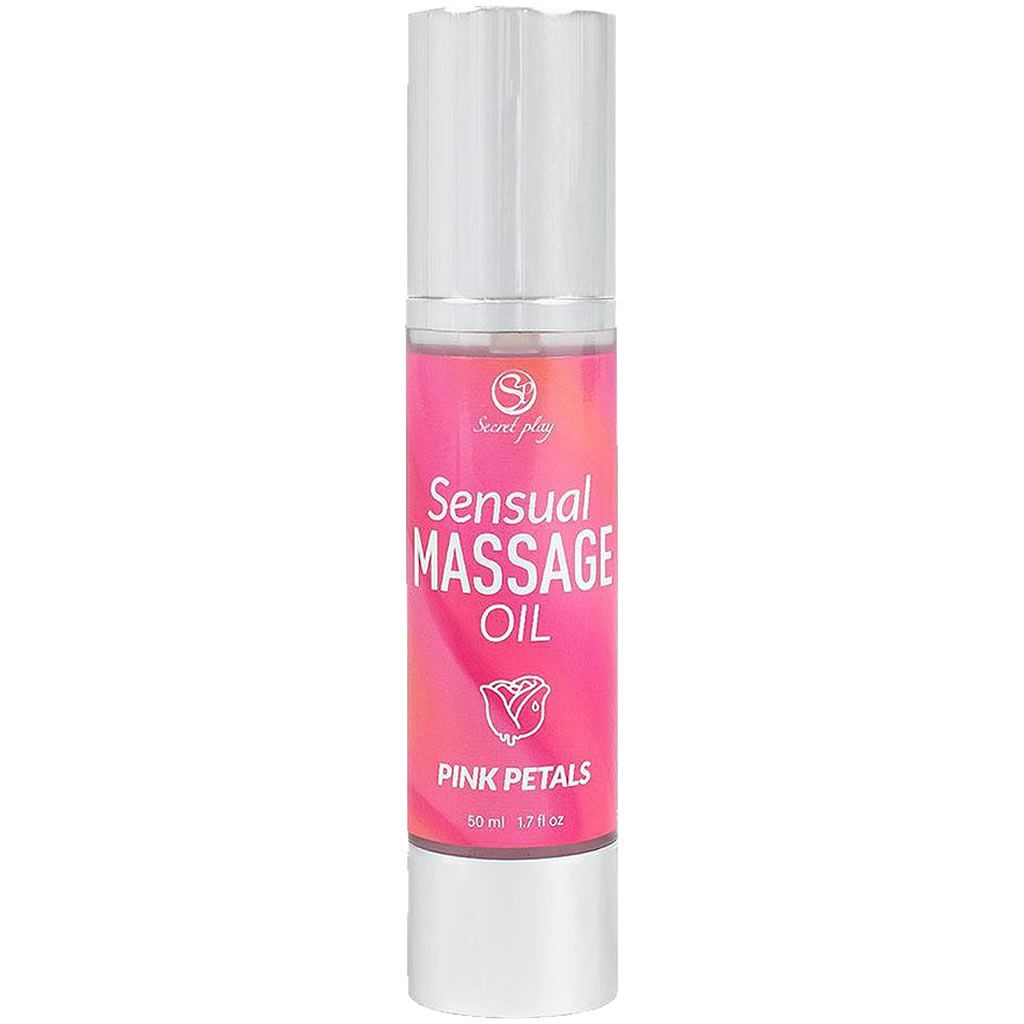 Zylindrische Flasche mit rosa Etikett. Aufschrift: Sensual Massage Oil Pink Petals. Silberfarbener Deckel.