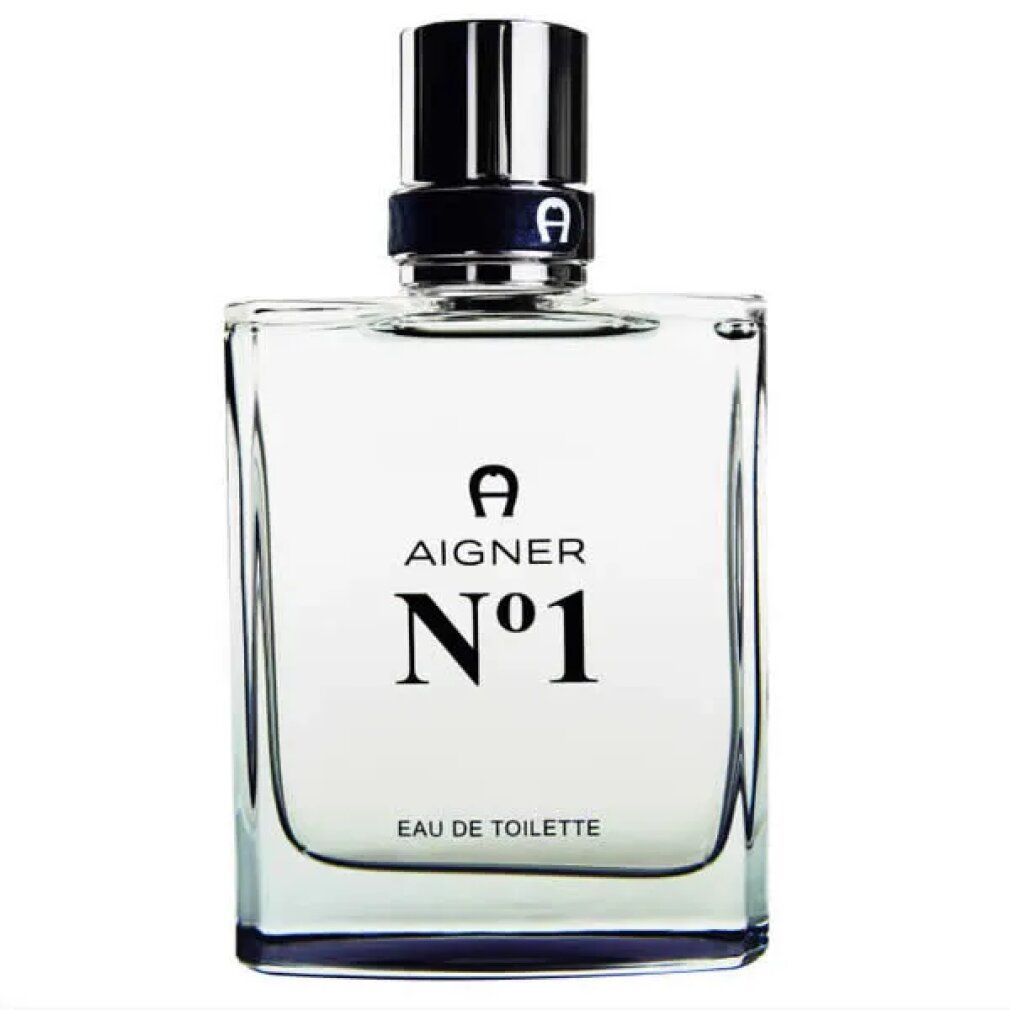 Quadratischer Glasflakon mit schwarzem Verschluss. Aufschrift: AIGNER, N°1, Eau de Toilette. Schwarzes Logo auf dem Verschluss.