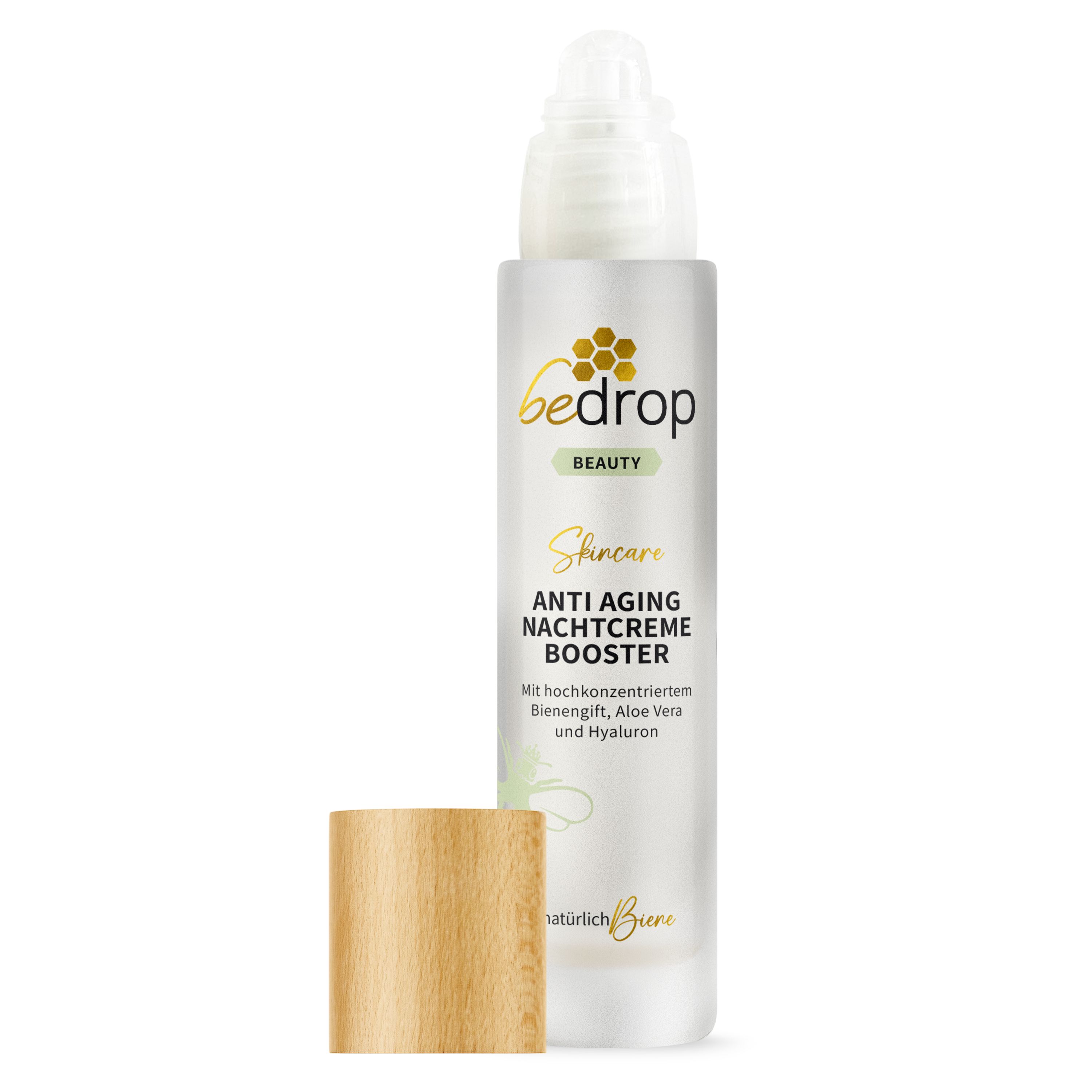 Eine Flasche der Anti Aging Nachtcreme Booster mit Holzdeckel. Aufschrift: bedrop, Anti Aging Nachtcreme Booster, #natürlichBure.