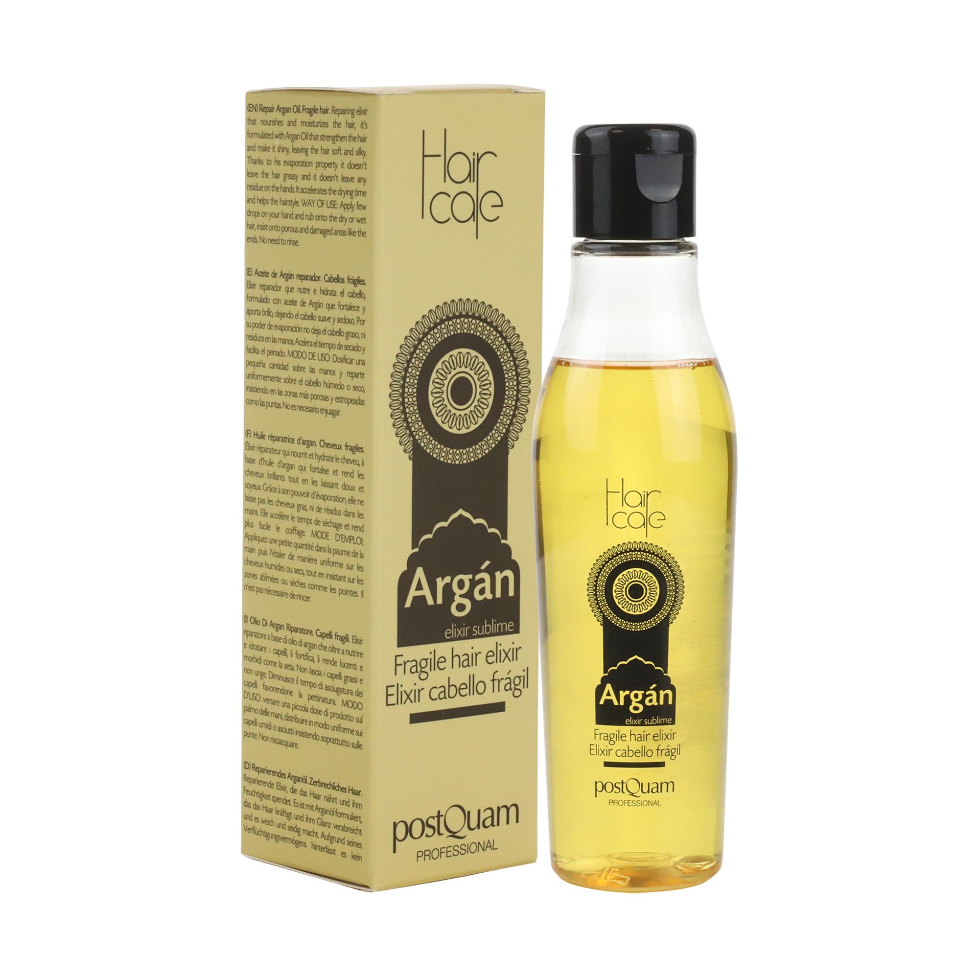 Flasche und Verpackung. Flasche mit gelbem Öl, schwarzem Deckel. Verpackung: Argán, Fragile hair elixir, PostQuam, 100 ml.