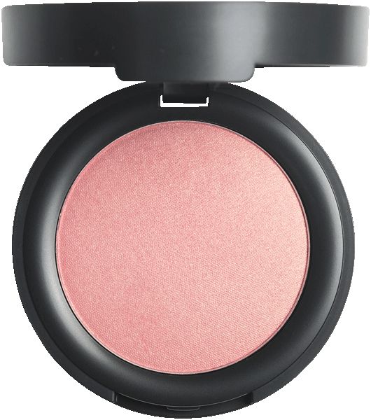 Runder, rosafarbener Blush in schwarzer Dose mit Deckel. Der Blush hat eine glatte Oberfläche und ist in der Dose sichtbar.