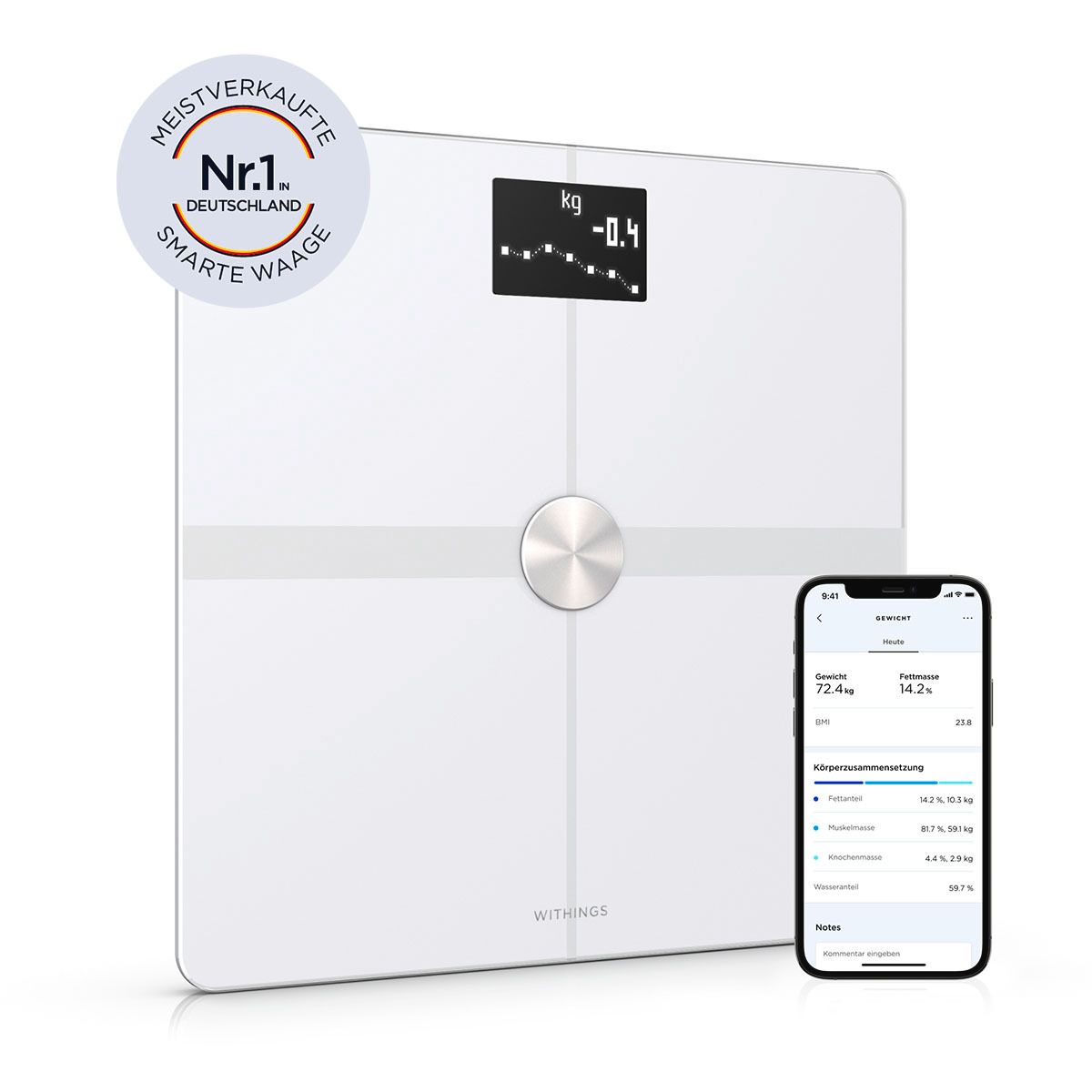 Weiße Waage mit digitaler Anzeige und Smartphone. Nr. 1 Deutschland-Siegel. Mitings-Logo. Zeigt Gewicht und Trendkurve.