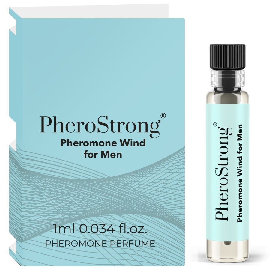 Flakon und Schachtel mit Produktaufschrift PheroStrong Pheromone Wind für Männer. Hellblauer Hintergrund.