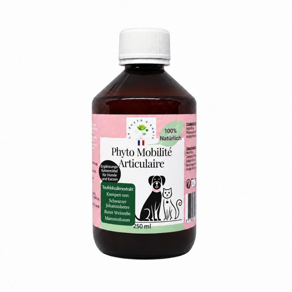 Braune Glasflasche mit weißem Verschluss, Etikett mit Hund- und Katzensilhouette, 250ml.